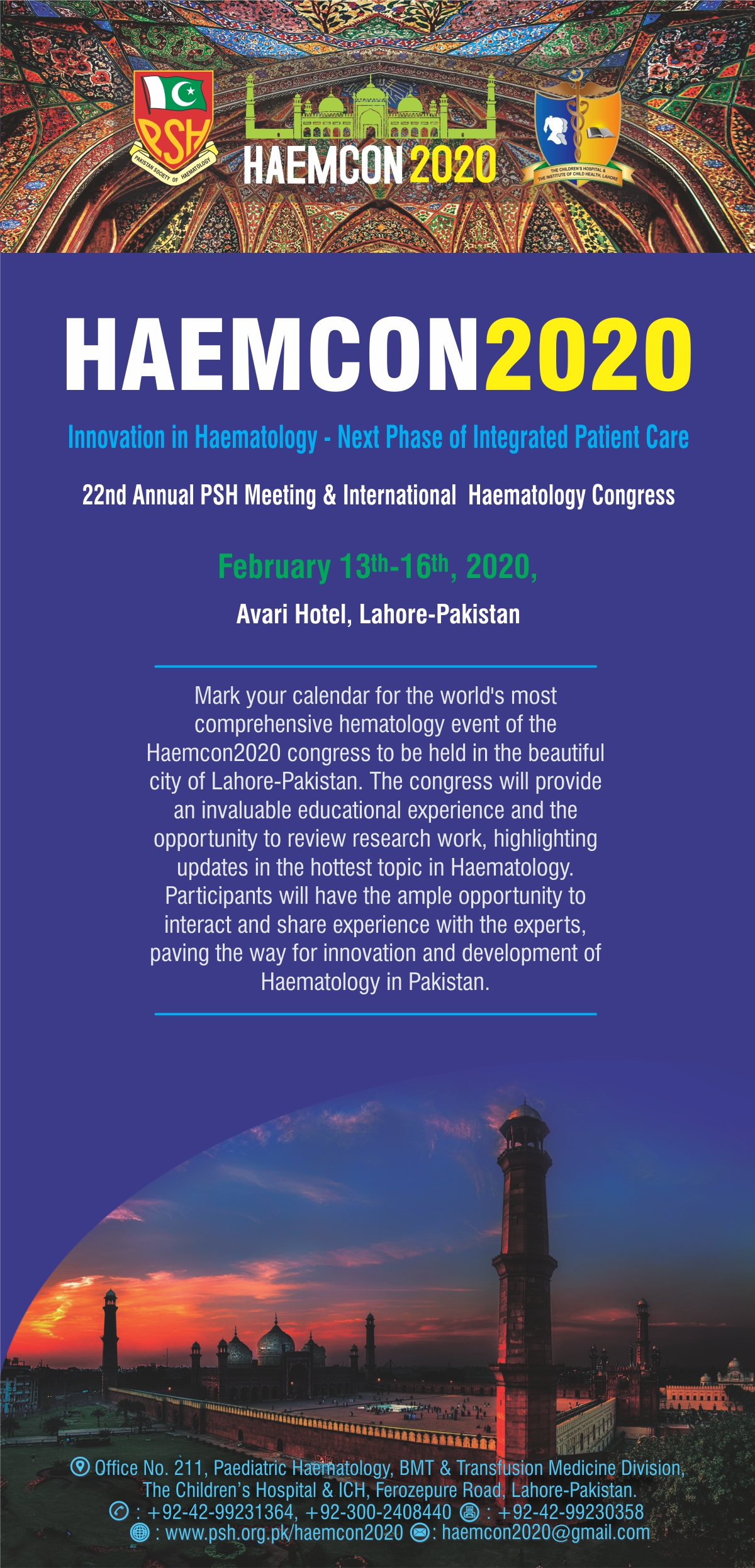 Innovation in Haematology - Next Phase of Integrated Patient Care | 22nd Annual PSH Meeting & International Haematology Congress | February 13 - 16, 2020 | Avari Hotel, Lahore - Pakistan